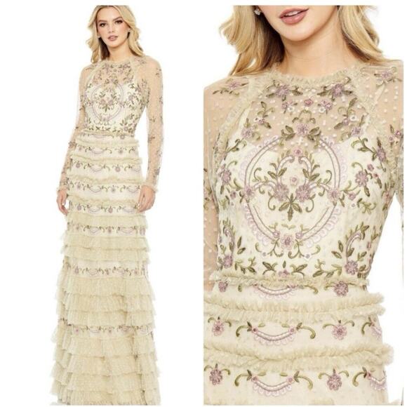 Mac Duggal Dresses & Skirts - Mac Duggal 8030 NWT Polka Dot Long Sleeve Floral Ruffle Tiered Maxi Dress Size 8